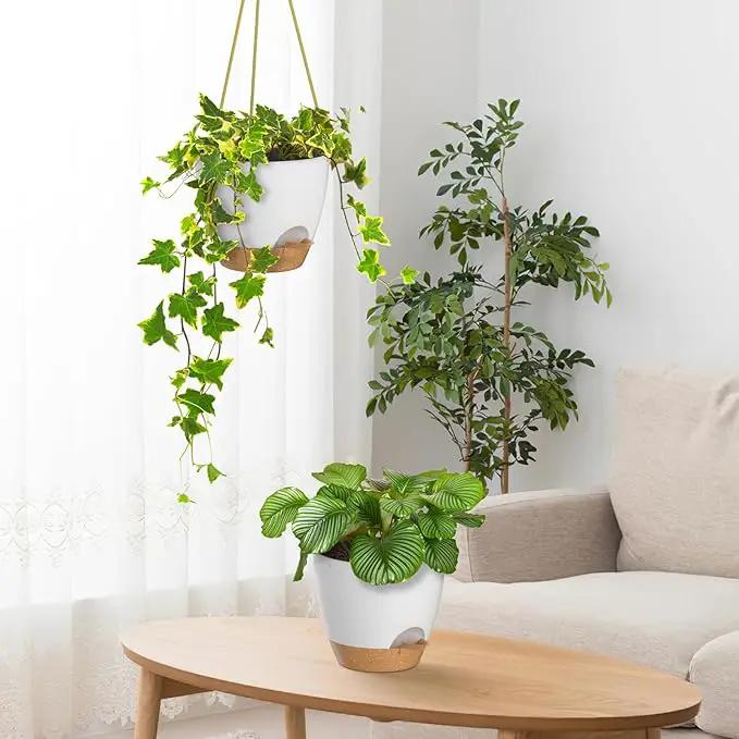 ZMTECH 6.5 Inch Hanging Planters for Indoor Outdoor Plants, 2 Pack Self Watering Hanging Plant Pots with Drainage Holes and Removable Saucer, Plastic Flower Hanging Pots with Watering Lip (White) by GreenHaven Gardens