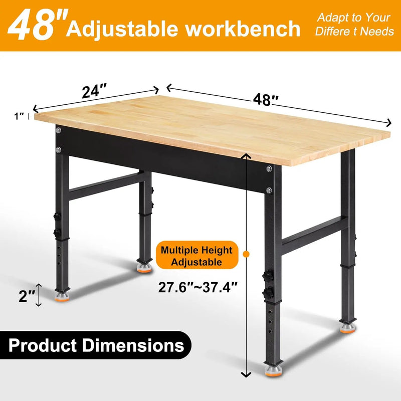 48" Adjustable Work Bench, Rubber Wood Top Workbench Heavy-Duty Work Table, 2000 LBS Load Capacity Hardwood Work Benches for Garage, Workshop, Home, Office, Easy Assembly by GreenHaven Gardens