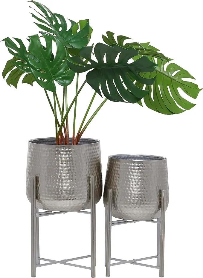 CosmoLiving by Cosmopolitan Metal Indoor Outdoor Planter Hammered Large Planter Pot with X-Shaped Stands, Set of 2 Planters 19", 16"H, Silver by GreenHaven Gardens