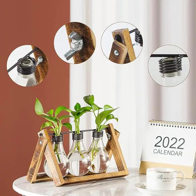Marbrasse Plant Propagation Stations with Wooden Stand, Desktop Plant Terrarium Holder Bulb Vase, Glass Vase Container with Metal Swivel Holder for Hydroponics of Home Garden Office Decor Lover Gifts by GreenHaven Gardens