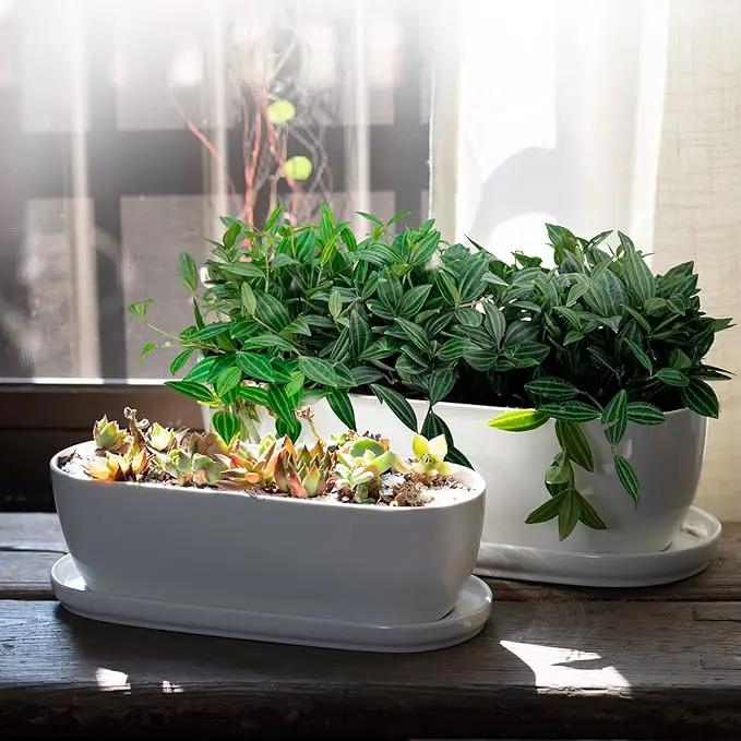 Ceramic Plant Pots, 11+14 inch, Set of 2, Planters with Drainage Holes Saucers and Mesh Pads, Indoor Flower Succulent Pot with Hole Mesh Pad, Gifts for Mom, Plants Not Included by GreenHaven Gardens