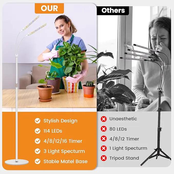 Grow Lights for Indoor Plants with Stand, 2-Heads Full Specturm Plant Grow Light with 4/8/12/16H Timer, 3 Color Modes, 360° Flexible Gooseneck, 24-68.7in Hight Adjustable Plant Growing Lamp by GreenHaven Gardens