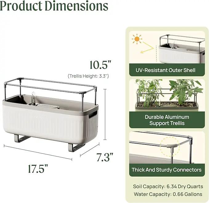Vego Garden 2 Pack Herb Indoor Planter Box, Self Watering Pots with Trellis for Kitchen Window Sill or Countertop Plants Cage - Cream White by GreenHaven Gardens