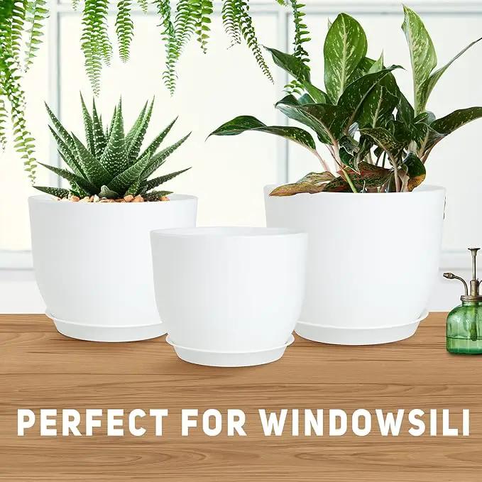 Plant Pots 10/9/8/7.5/7 inch Flower Pots with Multi Mesh Drainage Holes, Planters for Indoor Outdoor Garden Plants and Flowers. (White) by GreenHaven Gardens