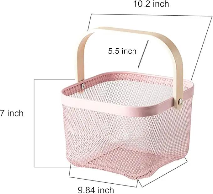 Metal Mesh Steel Basket, Storage Organizer Basket Multi-functional Hanging Kitchen Baskets Fruit Basket Bin with Bamboo Handle for Kitchen Bathroom Picnic Shopping Decor Cabinet Home, Pink by GreenHaven Gardens