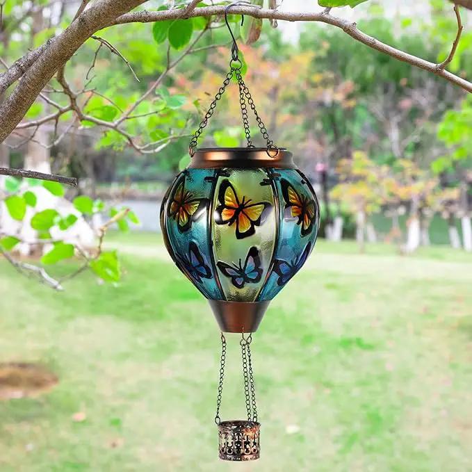 Butterfly Hot Air Balloon Solar Lantern, Solar Hot Air Balloon Flickering Flame Hanging Garden Light Candle LED Light Glass & Metal Waterproof Outdoor Lanterns Yard/Patio Decorative, Gift for Mom by GreenHaven Gardens