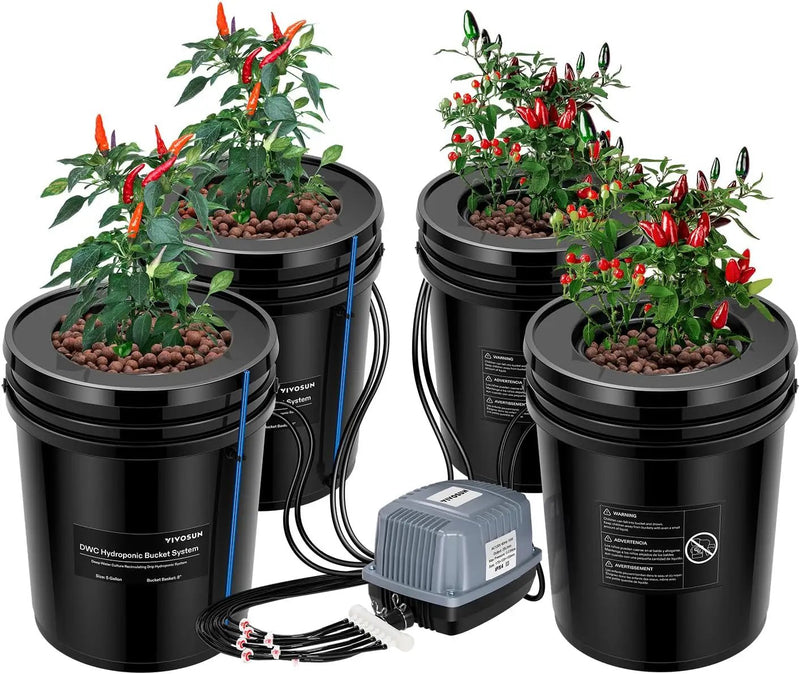 VIVOSUN DWC Hydroponics Grow System with Top Drip Kit, 5-Gallon Deep Water Culture, Recirculating Drip Garden System with Multi-Purpose Air Hose, Air Pump, and Air Stone (4 Buckets + Top Drip Kit) by GreenHaven Gardens