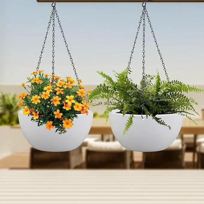 8 inch Small Hanging Planters for Indoor Outdoor Plants, 2 Pack Hanging Flower Pots with Drainage Holes and Chain for Garden Porch Plants, Plastic Hanging Baskets for House Plants, White by GreenHaven Gardens