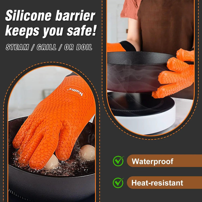 Walfos Silicone BBQ Gloves - Heat Resistant Grilling Gloves, Premium Non-Slip Kitchen Oven Mitt with Protective Cotton Layer Inside, Waterproof, Great for Grilling, Kitchen and Cooking, Orange by GreenHaven Gardens