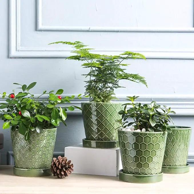 Plant Pots Indoor –5 inch Ceramic Flower Pot with Drainage Hole and Ceramic Tray - Gardening Home Desktop Office Windowsill Decoration Gift, Set of 4-Plants NOT Included (Patina) by GreenHaven Gardens