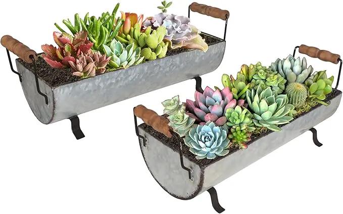 Galvanized Metal Trough Succulent Planter Farmhouse Metal Tray Rustic Tabletop Centerpiece Décor Set of 2 by GreenHaven Gardens