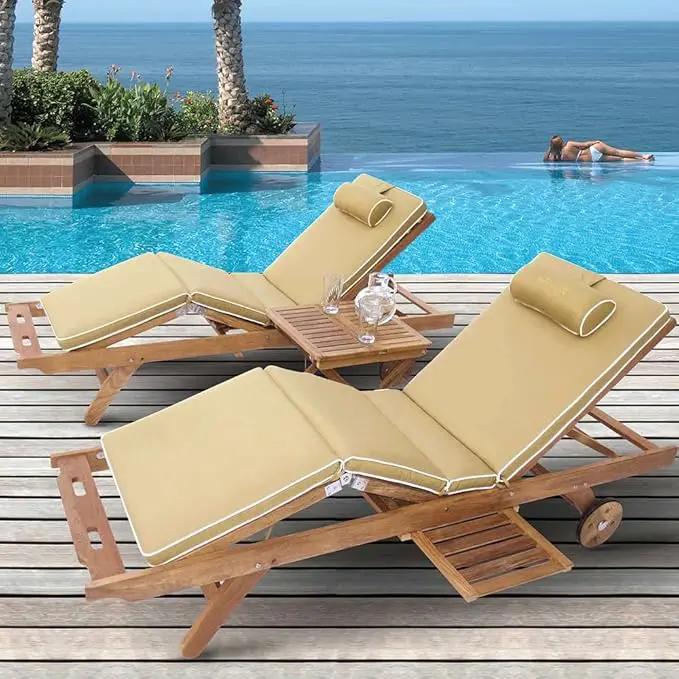 3-Piece Teak Patio Conversation Set with Sun Bed Loungers & 20-Inch Square Folding Picnic Table (P143NA), Navy Sun Bed Cushions by GreenHaven Gardens