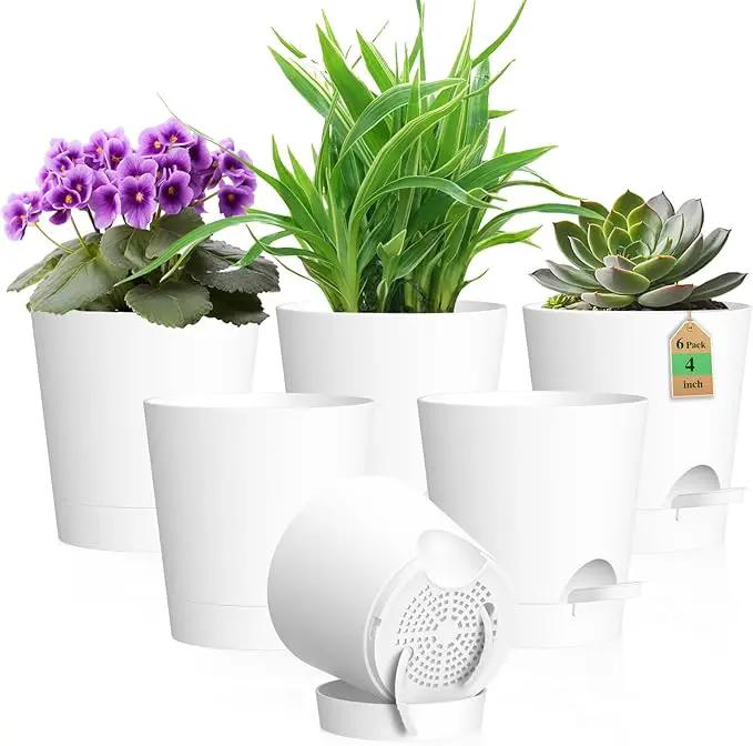 4 inch Self Watering Pots for Indoor Outdoor Plants, 6 Pack Plastic Flower Planters with Drainage Holes and Removable Saucers, Plant Pots with Wicking Rope, Modern Decor, White by GreenHaven Gardens