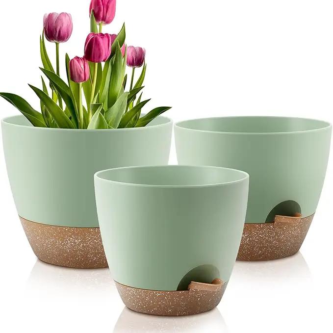 Plant Pots 12/10/9 Inch Self Watering Pots, Set of 3 Plastic Planters with Drainage Holes and Saucers,Plastic Flower Pots,Nursery Planting Pot for Indoor Out Door Plants(Green) by GreenHaven Gardens