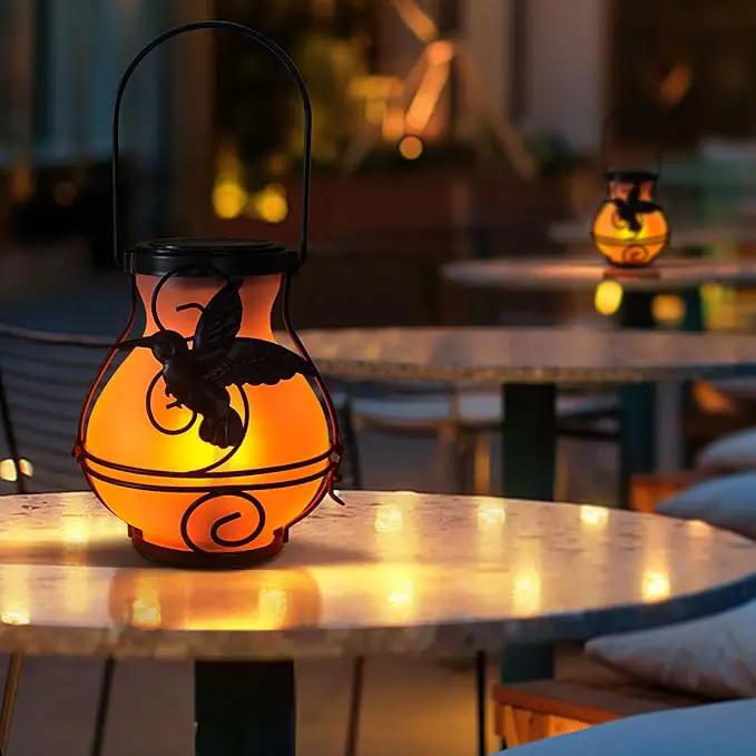 2 Pack Solar Flickering Flame Lights,Outdoor Upgraded Metal Lantern for Hanging Solar Powered Waterproof LED Flame Glass Lanterns for Patio Garden Christmas Halloween Decorations by GreenHaven Gardens