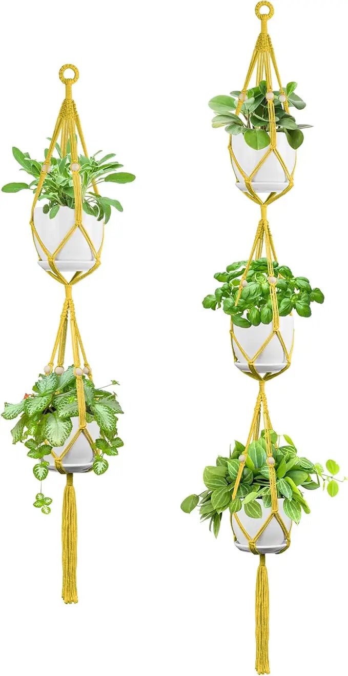 USLAI Macrame Plant Hanger Indoor Outdoor, Up to 4-15 inch Pot, Heavy 20lb Planters, Extra Long Strong Hanging Planter Basket Holder, Boho Home Decor, 49+72 Inch, Yellow (POTS NOT Included) by GreenHaven Gardens