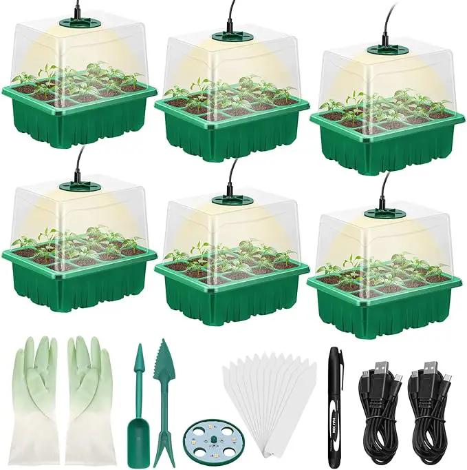 Lunies 6 Packs Seed Starter Tray with Grow Light, Indoor Greenhouse Seeding Starter Trays for Planting, Base Gardening Plant Germination Kit, Seed Starter Kit with Humidity Domes, (12 Cells per Tray) by GreenHaven Gardens