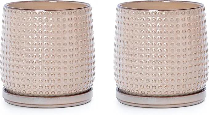 D'vine Dev Set of 2 Ceramic Plants Pots, 6 Inch Beaded Stoneware Flower Pot for Plants with Drainage Hole and Saucer, Light Brown, 27-E-X-4 by GreenHaven Gardens
