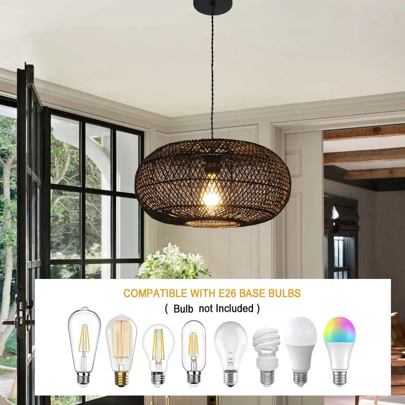 Rattan Pendant Light 15.75" 1-Light Hand-Woven Bamboo Rattan Hanging Lamp Large Globe Wicker Chandelier Modern Bohemian Adjustable Pendant Lamp for Kitchen Island Farmhouse Outdoor Porch Black.… by GreenHaven Gardens