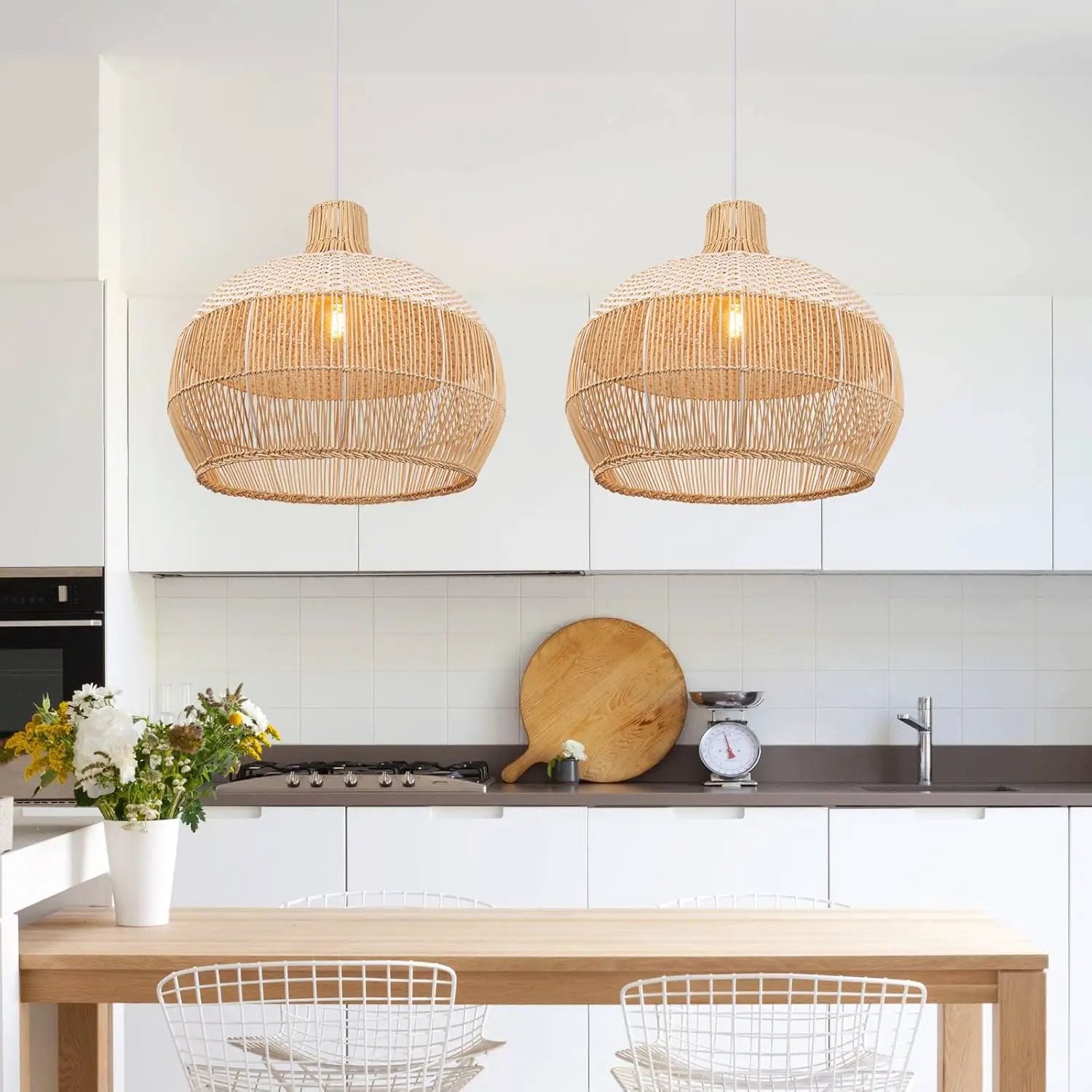 Arturesthome 1 Light White Rattan Pendant Light for Kitchen Island Sink,19.6" Wicker Chandelier, Handmade Woven Hanging Ceiling Light Lampshade by GreenHaven Gardens