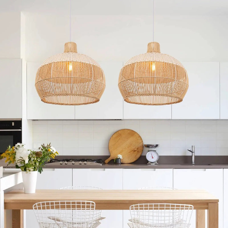 Arturesthome 1 Light White Rattan Pendant Light for Kitchen Island Sink,19.6" Wicker Chandelier, Handmade Woven Hanging Ceiling Light Lampshade by GreenHaven Gardens