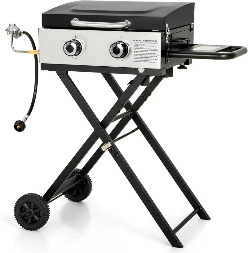 Sophia & William Portable Gas Grill Griddle, Small Propane BBQ grill with Foldable Legs & Wheels for Outdoor Barbecue, Camping, Tailgating, Roadtrip, RV, 2 Burner Flat Top Griddle, 20,000 BTU, Black by GreenHaven Gardens