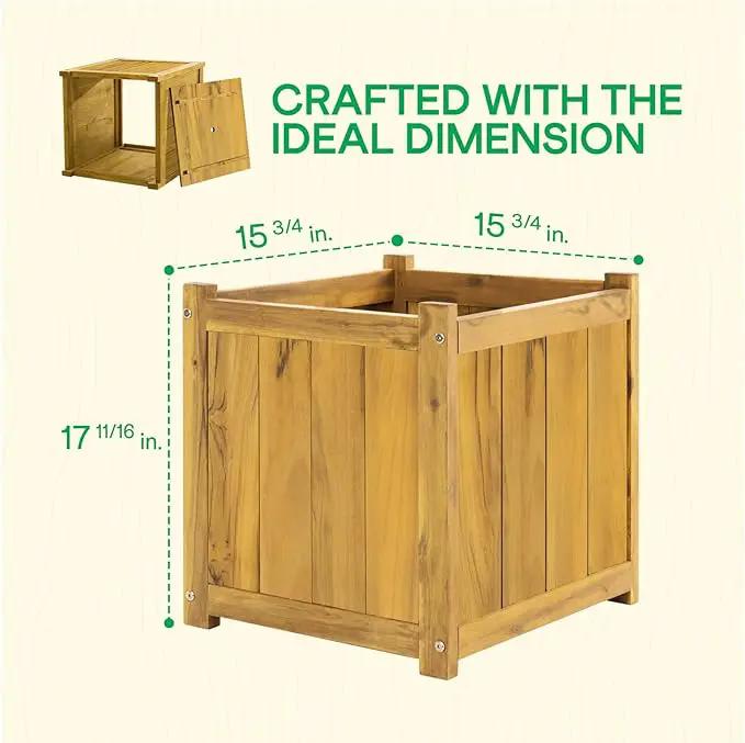 IDZO Set of 2 Acacia Wood Flower Planters for Outdoor Plants, Ergonomic Handles, Drainage Holes, Various Sizes, Ideal for Home Décor, Golden Teak by GreenHaven Gardens