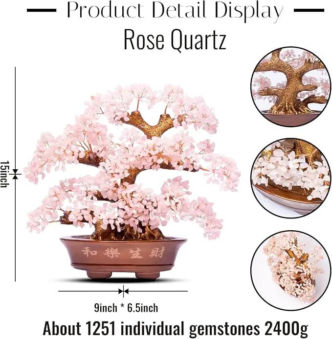 Natural Rose Quartz Tree Large,14" Chakra Crystal Tree(1,251 Gemstone Count) w/Lucky Coins Chain Healing Properties - Bonsai Feng Shui Money Tree for Love Self Care Home Office Decoration by GreenHaven Gardens