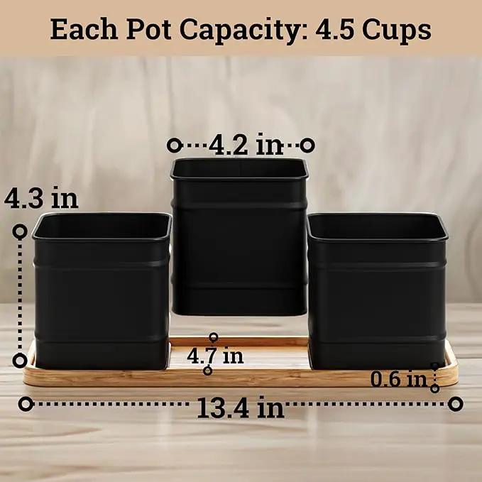 Herb Planter Indoor - 3 Iron Herb Pots with Drainage Holes, Varnished Bamboo Tray, Customizable Labels & Marker Pen - Indoor Herb Garden Planter - 3 Pots for Herbs - Inside Spice Garden - Basil Pot by GreenHaven Gardens