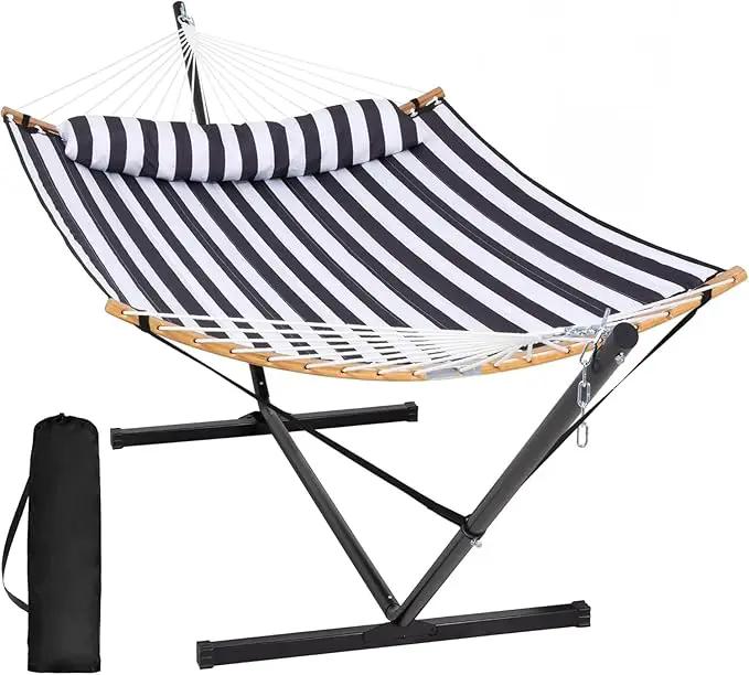 SUNCREAT Hammocks Extra Large Hammock with Stand Included, Double Hammock with Curved Spreader Bar, Black Stripes by GreenHaven Gardens