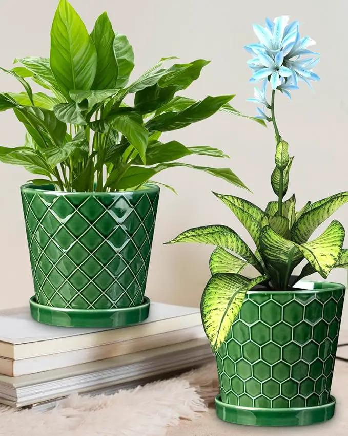 EFISPSS 6 Inch Plant Pot,Ceramic Pots for Plants with Drainage,Flower Pots Indoor Pots for Plants, Modern Flower Pots for Home and Office,Set of 2 - Patina by GreenHaven Gardens