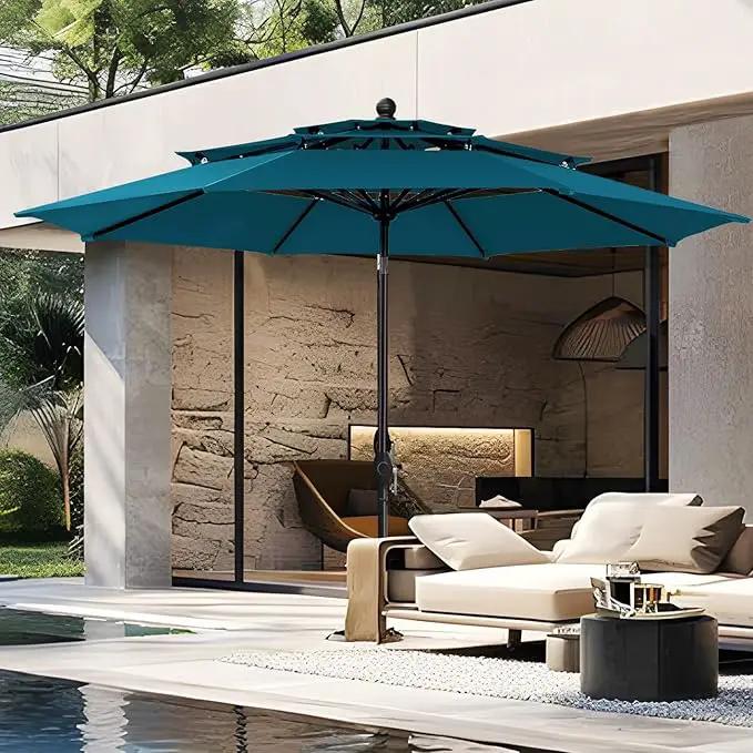 PHI VILLA 10ft Outdoor Patio Umbrellas for Outside, 3 Tier Vented Market Table Umbrella Windproof for Backyard, Deck, Garden, 1.5" Pole, Cyan（No Base） by GreenHaven Gardens