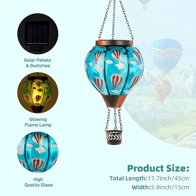 Solar Hot Air Balloon Lantern Flickering Flame, Sky Blue Glass Hot Air Balloon Solar Lantern Outdoor Waterproof, Decorative Hanging Hot Air Balloon Solar Light for Outside Garden Patio Yard by GreenHaven Gardens
