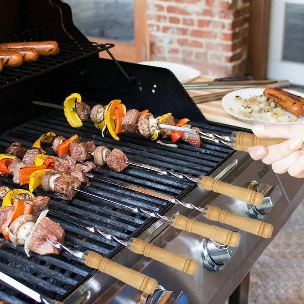 12 Pack Kabob Skewers BBQ Barbecue Skewers Stainless Steel Sticks 23.5 Inch Heavy Duty Large Wide Reusable with Nonslip Wooden Handle Ideal for Shish Kebab Chicken Shrimp and Vegetables by GreenHaven Gardens