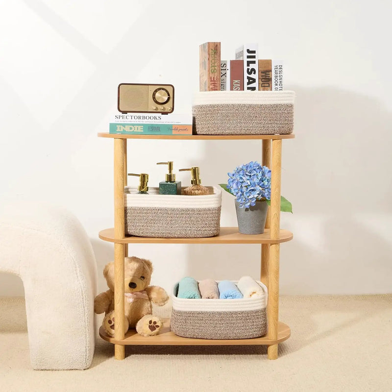 Small Storage Baskets for Organizing | Closet Organizer Bins | Shelf Toy Basket | Woven Rope Baskets | Cube Decorative Box | Shallow Basket | 13x8.5x5.1” | 4 Packs White Brown by GreenHaven Gardens