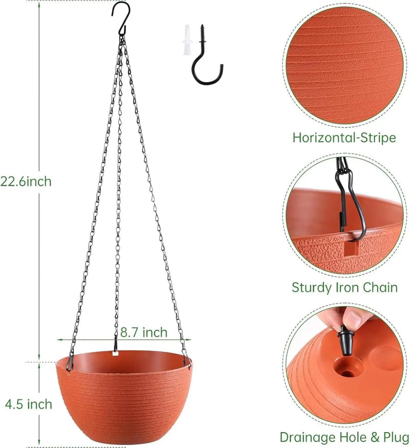 Hanging Planters for Indoor Outdoor Plants, Set of 2 Self Watering Hanging Pots with Drainage Hole & Plug and 20" Chain & Hooks by GreenHaven Gardens