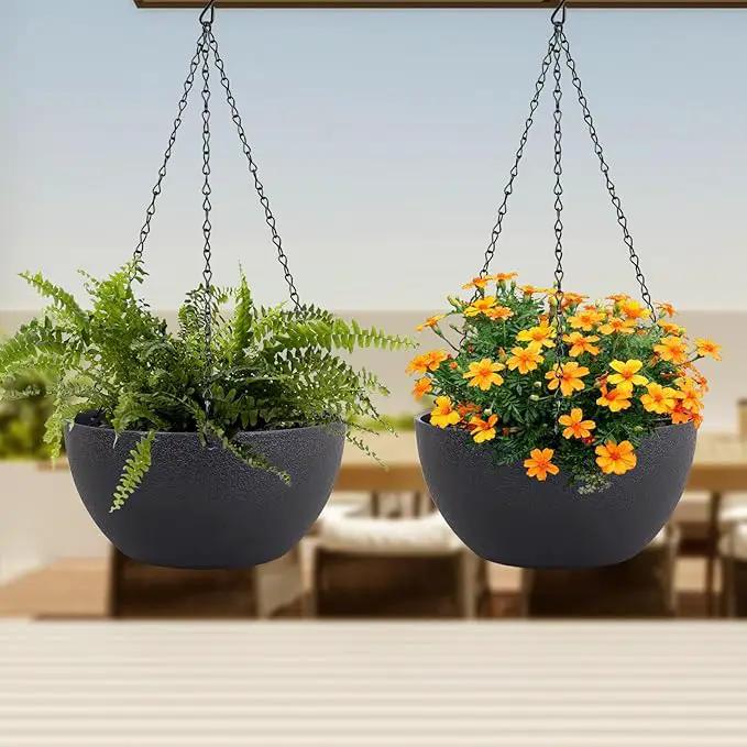 12 inch Large Hanging Planters for Indoor Outdoor Plants, 2 Pack Hanging Flower Pots with Drainage Holes and Chain for Garden Porch Plants, Plastic Hanging Baskets for House Plants, Black by GreenHaven Gardens
