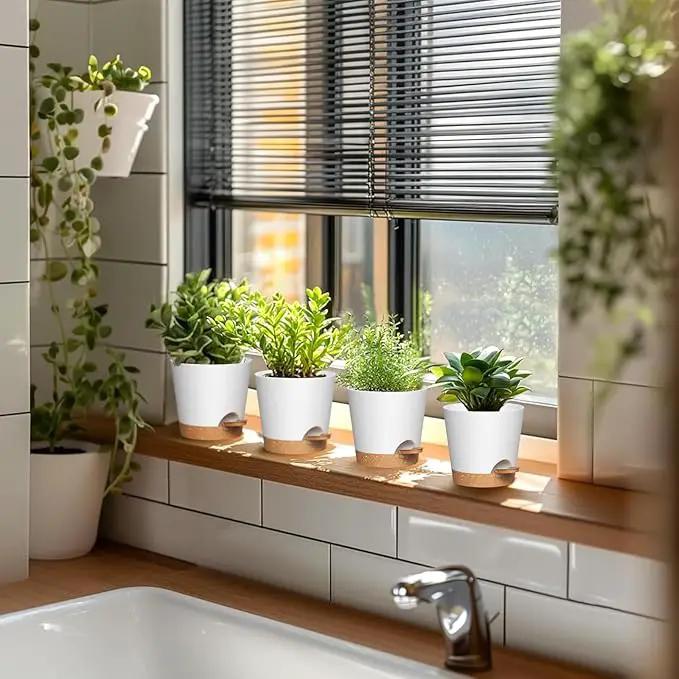4 inch Self Watering Pots for Indoor Outdoor Plants, 6 Pack Plastic Flower Planters with Drainage Holes and Removable Saucers, Plant Pots with Wicking Rope, Modern Decor, White Brown by GreenHaven Gardens