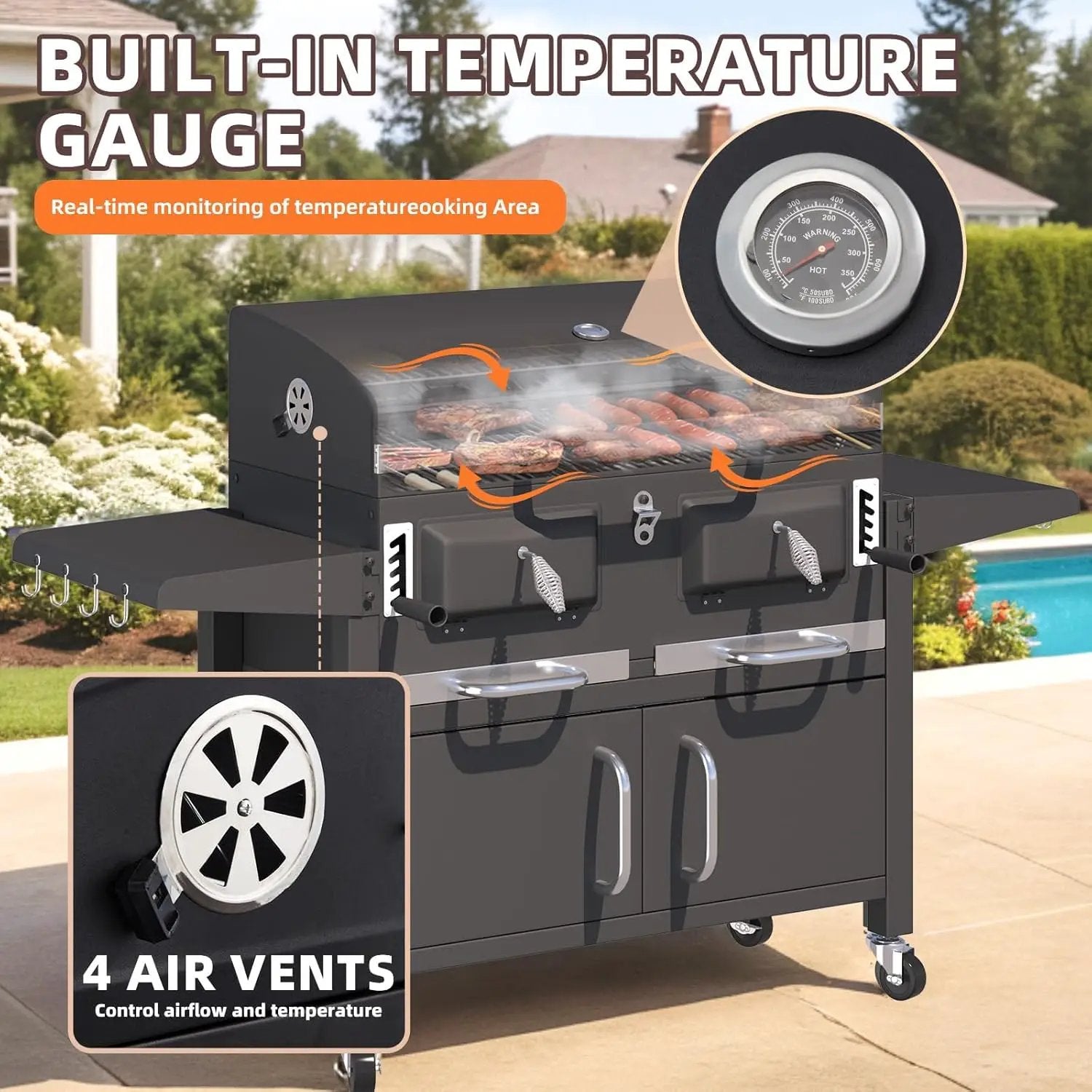 MELLCOM 36 In Extra Large Charcoal Grill - 620 Sq.In Oversized BBQ Area with Storage Cabinet & Individual Lifting Charcoal Trays, Thermometer and Foldable Side Tables for Outdoor by GreenHaven Gardens