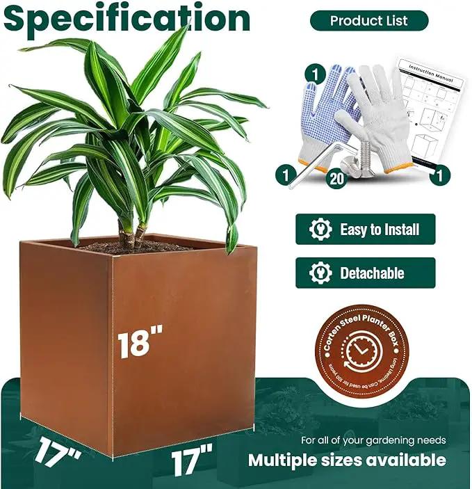 Corten Steel Planter Box Metal Outdoor Large Rectangular Rustic Durable Antique Detached for Commercial Residential Patio Deck and Backyard 17" x 17" x 18" by GreenHaven Gardens