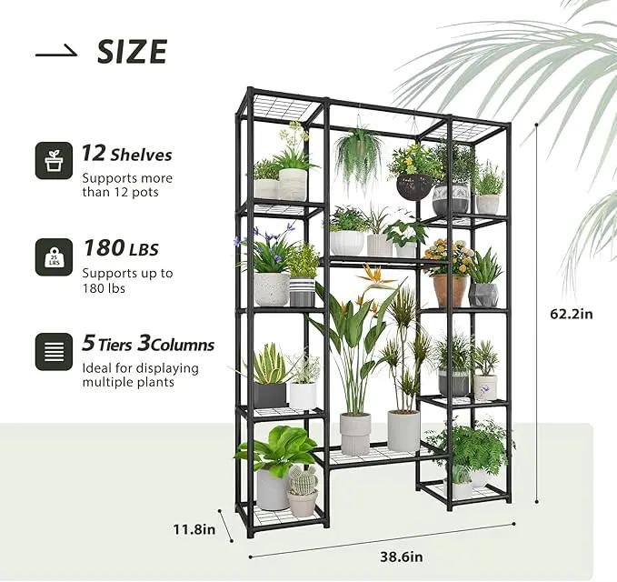 Plant Stand Outdoor Tall Plant Shelf Indoor Metal Large Hanging Plant Cabinet Waterproof Plant Rack Flower Holder for Living Room Patio Balcony Garden Black by GreenHaven Gardens
