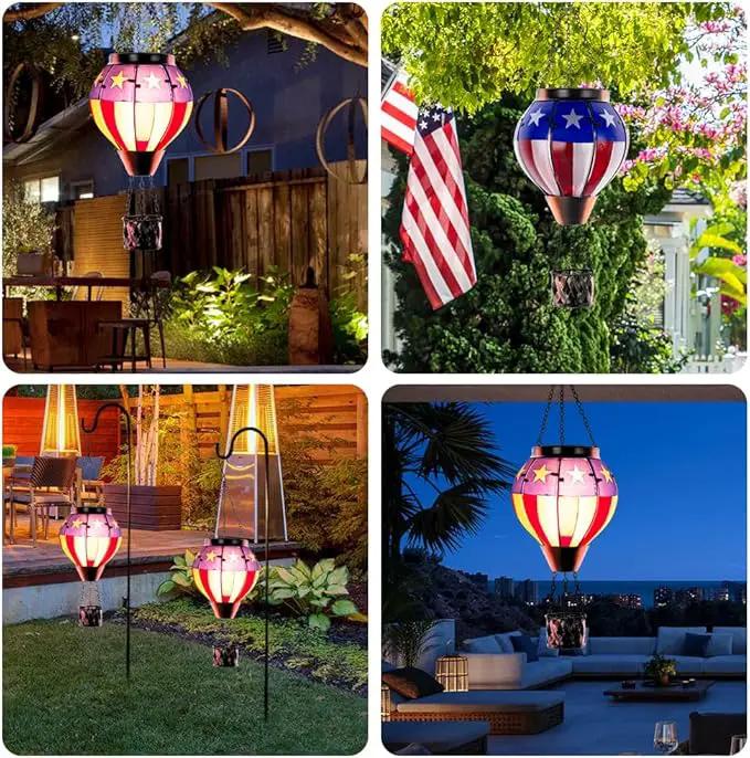 Hot Air Balloon Outdoor Lantern with Flickering Flame, Handmade Glass Solar Lantern with Flag Pattern Waterproof Lantern Lamp for Patio, Garden, Porch by GreenHaven Gardens