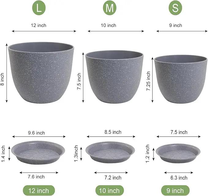 12/10/9 inch Large Plant Pots, 3 Pack Modern Decorative Plastic Planters with Drainage Holes and Saucer for House Garden Plants, Flower Pots for Indoor Outdoor Plants, Speckled Grey by GreenHaven Gardens