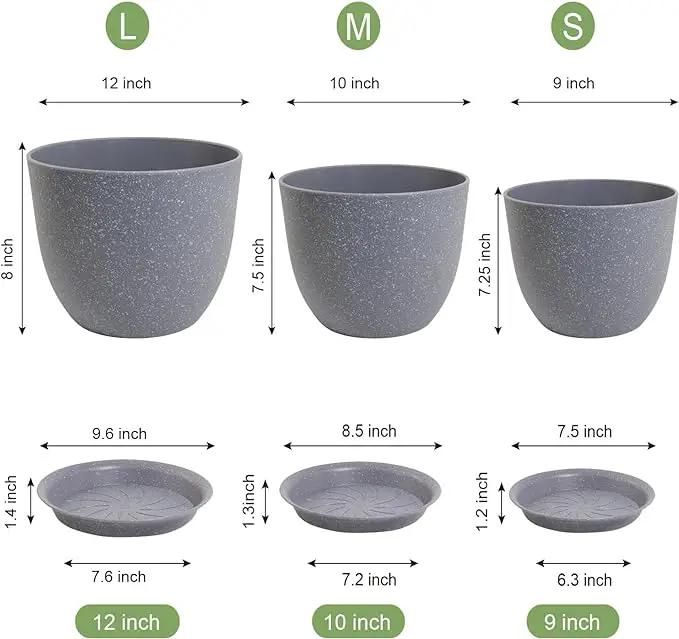 12/10/9 Large Modern Plant Pots, Plastic Planters with Drainage Holes and Saucers for Indoor Outdoor Plants Flowers, Grey Speckles by GreenHaven Gardens
