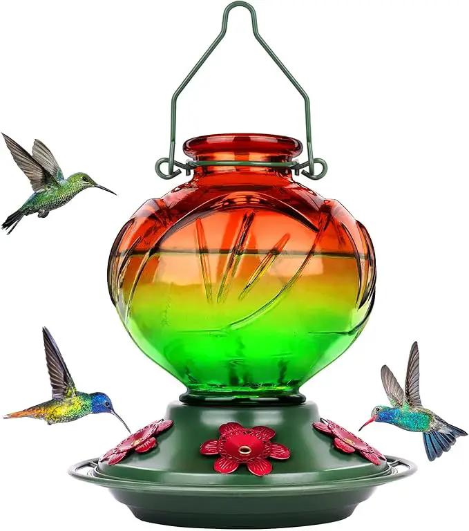 BOLITE Hummingbird Feeder, Glass Hummingbird Feeders for Outdoors Hanging, 22 Ounce, Five Feeding Ports with Perch, Peony Flower Shape, Orange and Green, Gifts for Women Men, Gifts for Mom Dad by GreenHaven Gardens