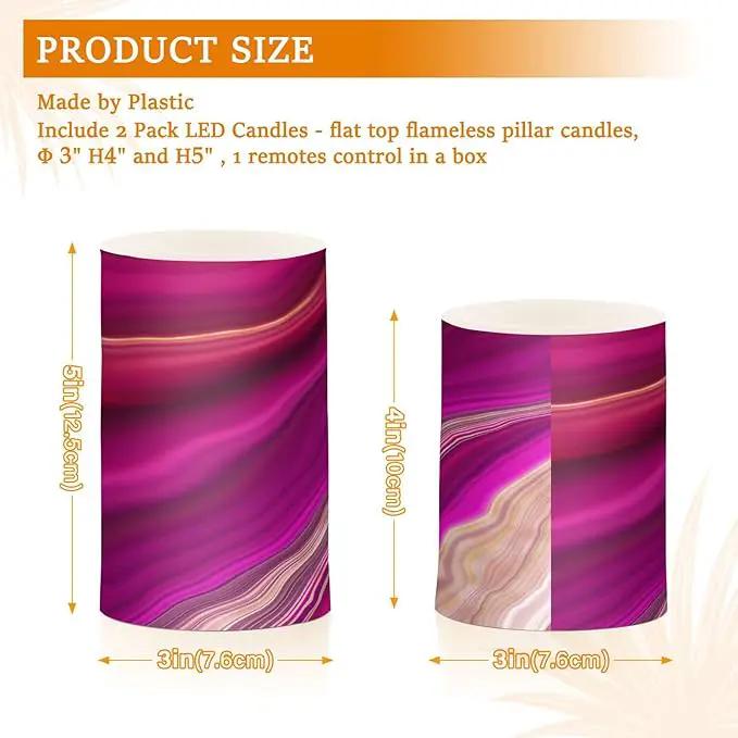 Flickering Flameless Candles, Fuchsia Gold Fluid Marble LED Candles with Remote Timer, Set of 2 Battery Operated Candle for Valentine Wedding Birthday by GreenHaven Gardens