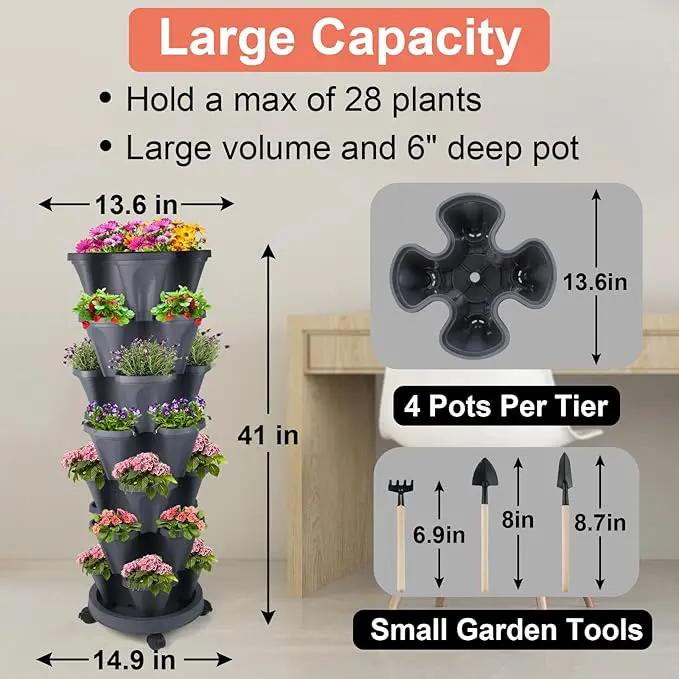 Vertical Planter 7 Tier Stackable Planters Garden Planters Strawberry Herb Flower and Vegetable Planter Indoor Outdoor Gardening Pots with Removable Wheels and Tools by GreenHaven Gardens