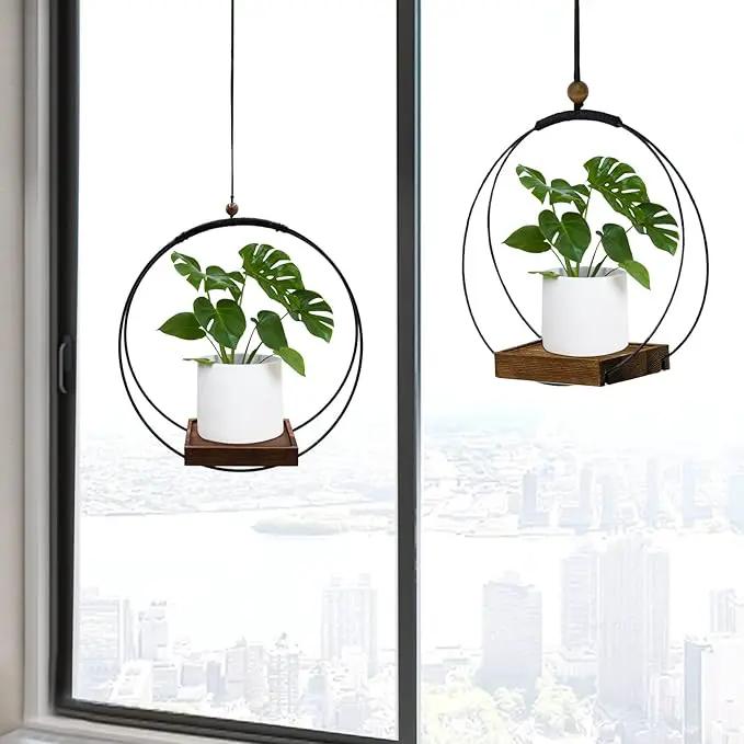 2 Pack Hanging Planters for Indoor Plants, Black Plant Hanger with Sturdy Wood Base, Modern Boho Macrame Hanger, Wall Ceiling Window Planters (Plants/Pots Not Included) by GreenHaven Gardens