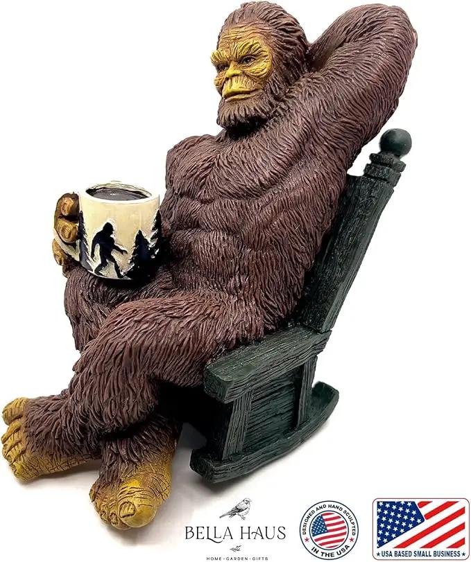 Bella Haus Bigfoot Garden Statue | Sasquatch Enjoying Morning Coffee | Whimsical Bigfoot Cabin Décor for Yard Patio Office or Home | Mythical Coffee-Loving Sasquatch Figurine | Hand-Painted Resin by GreenHaven Gardens