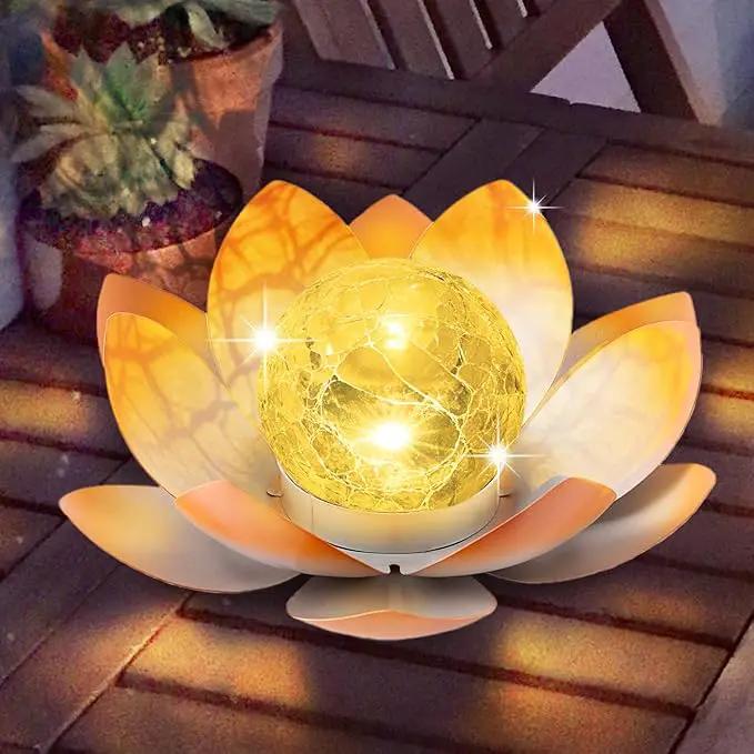Huaxu Solar Lights Outdoor Garden Decoration Crackle Globe Glass Waterproof LED Metal Peach Lotus Flowers Gift for Mom,Women,Patio,Lawn,Walkway,Tabletop,Ground by GreenHaven Gardens